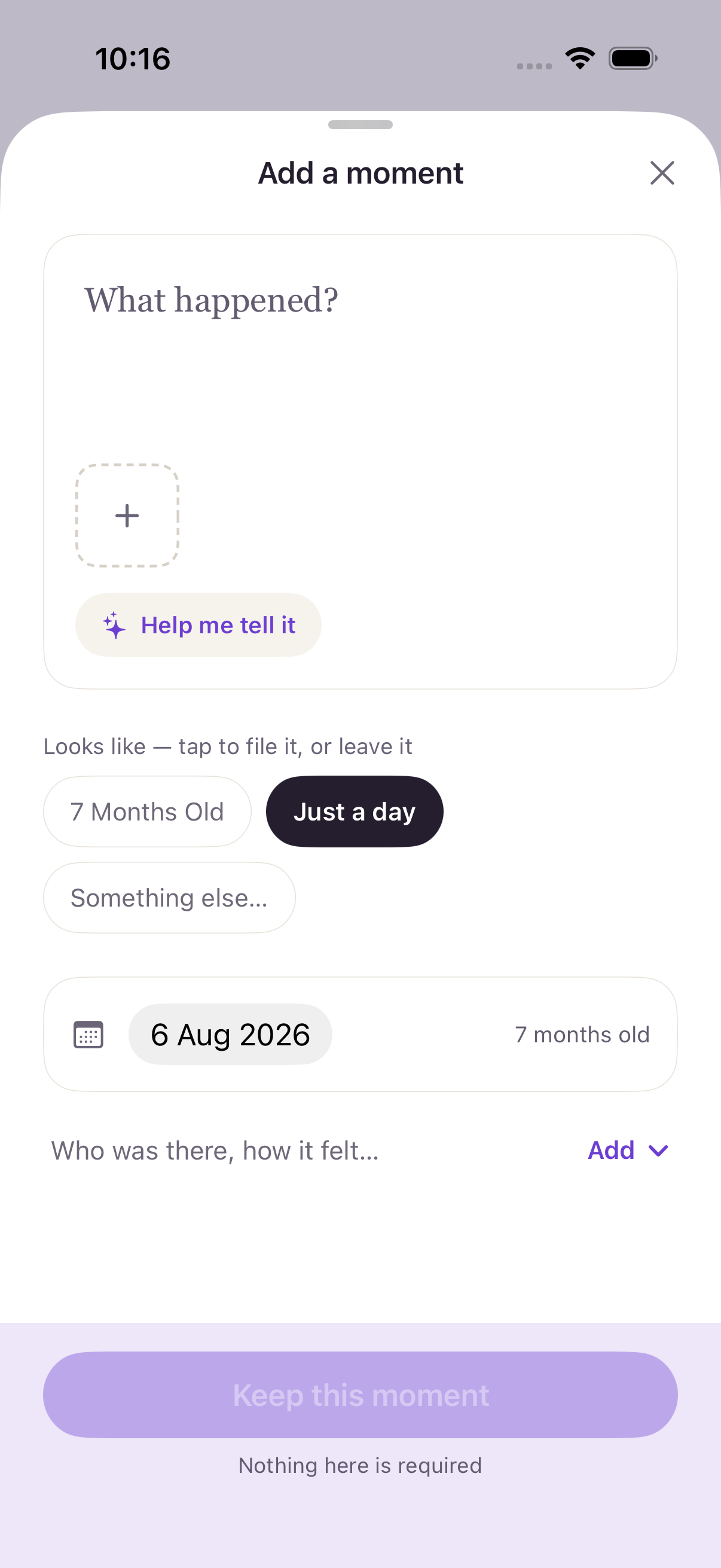 The add-a-moment sheet, asking what happened and offering to file it