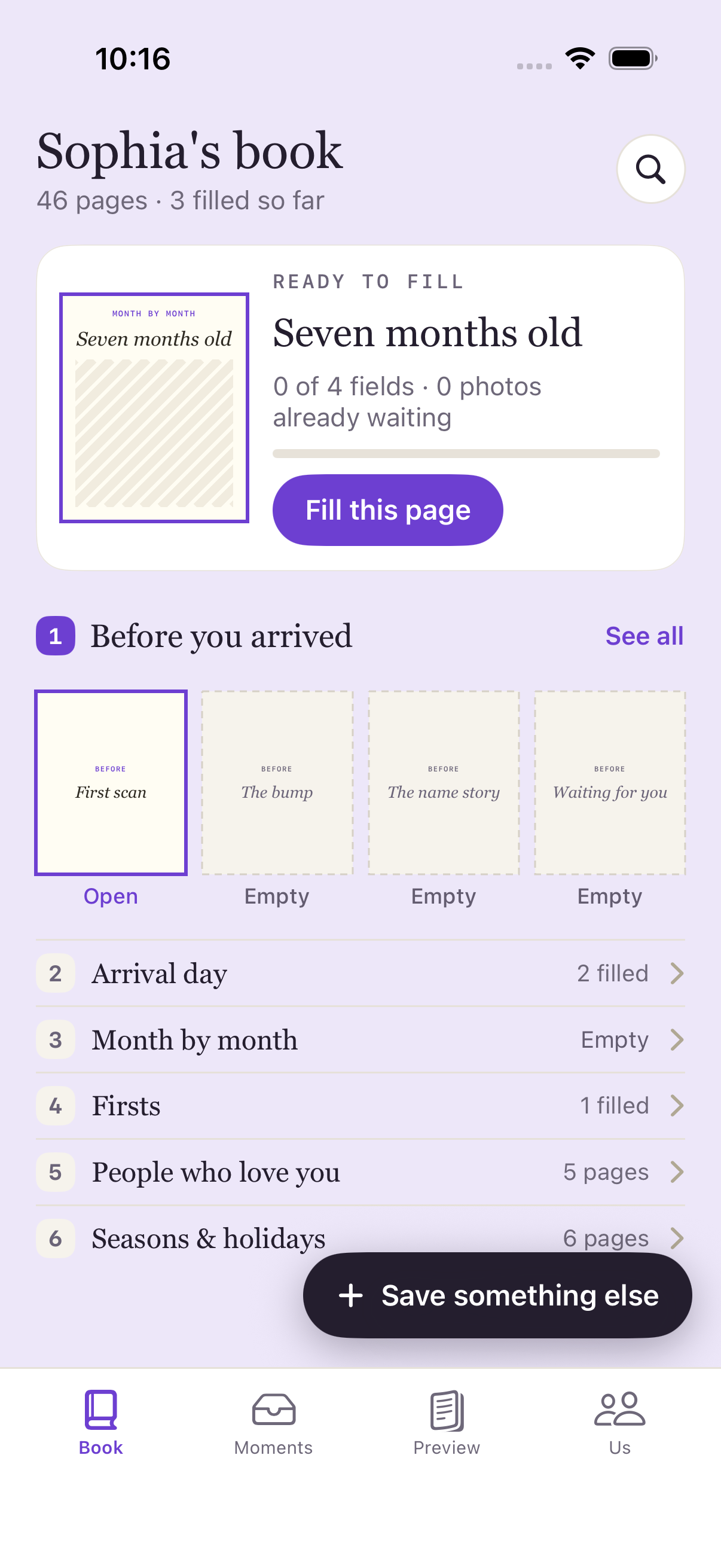 The Dearfold book screen, showing a page ready to fill and the chapters below it