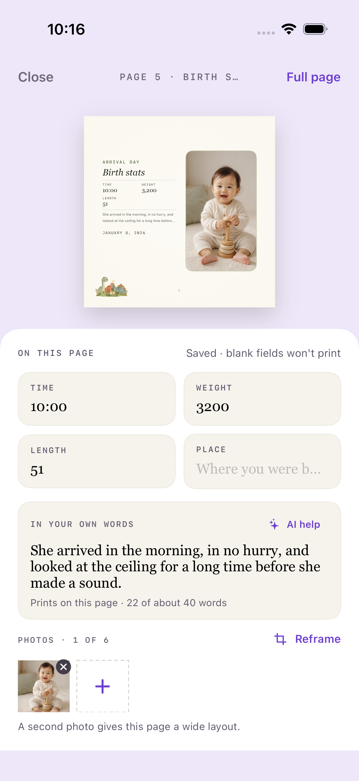 Filling in a page, with the printed page previewed above the fields