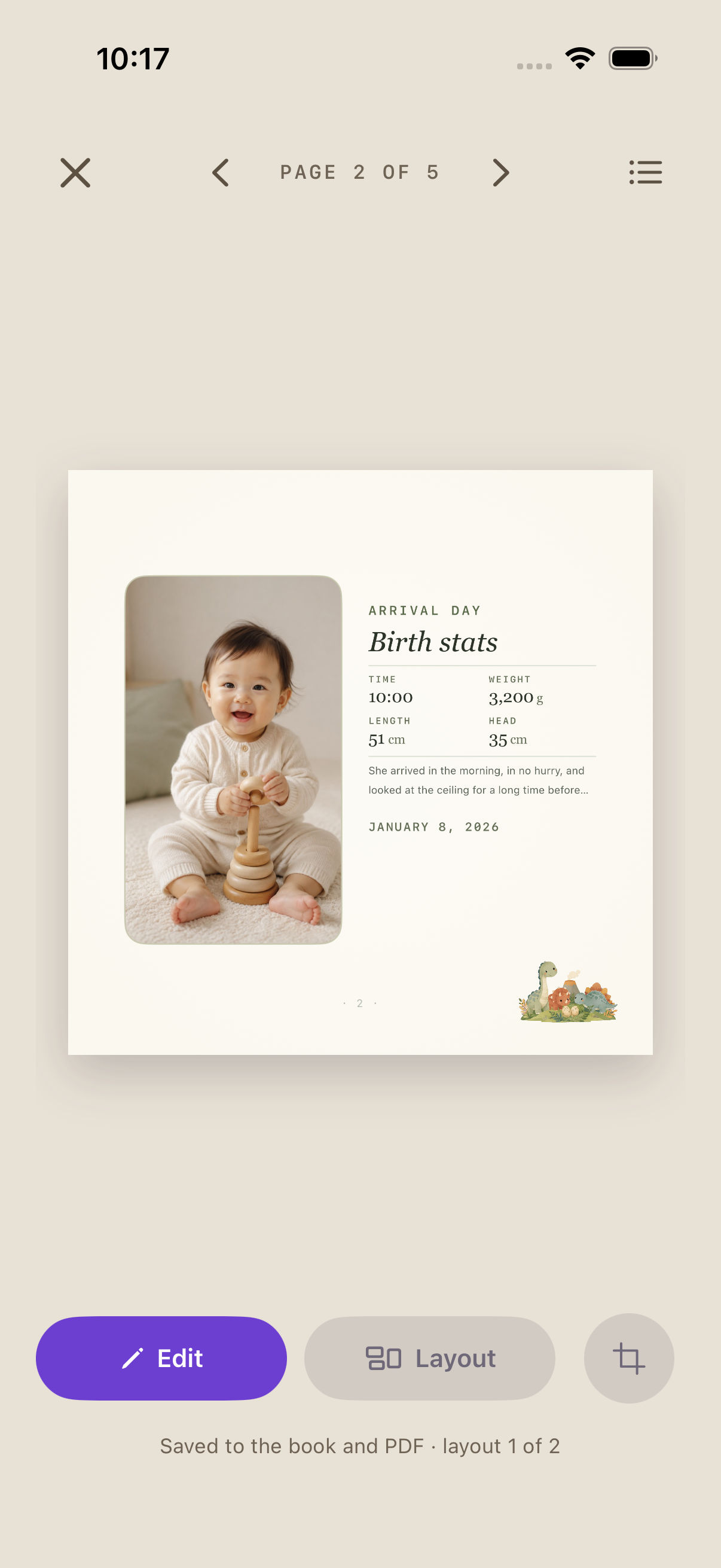 Reading the finished book, a page showing the birth stats beside a photograph